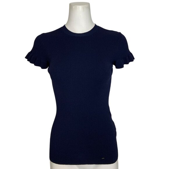 Ted Baker Tashhaa Frill Rib Knit Top Sweater 2 US/S Navy - Picture 1 of 13